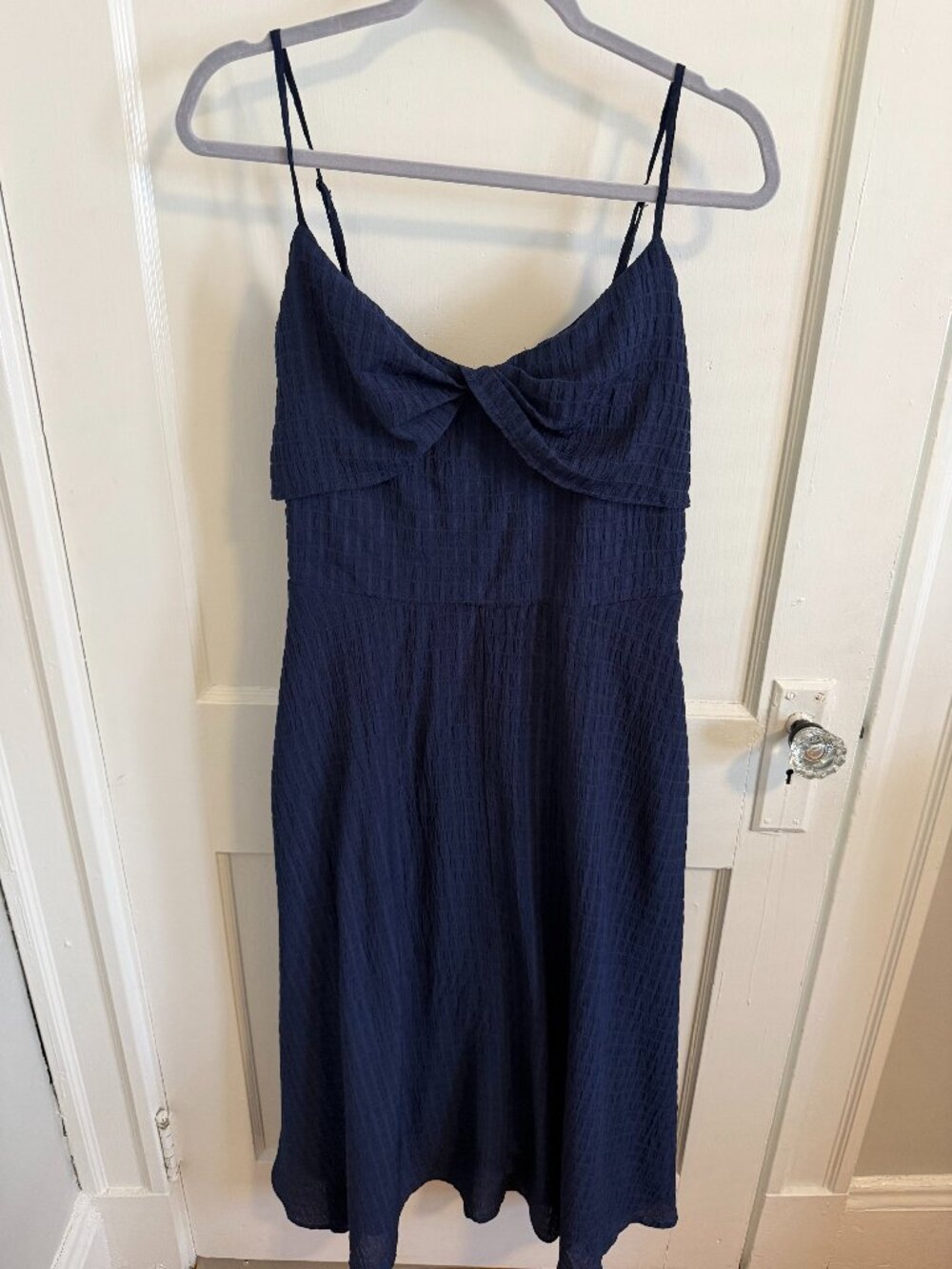 Tahari Navy Blue Textured Sundress – Twist Front Fit & Flare Dress Size 8